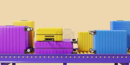 Foto de Maletas de color púrpura brillante, azul y amarillo que se encuentran en el cinturón de equipaje del aeropuerto sobre fondo amarillo. Concepto de viaje y vacaciones. renderizado 3d - Imagen libre de derechos