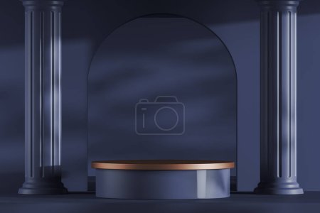 Photo for Dark blue cylinder podium with abstract shadow and greek columns, arch door wall. Mockup for product display and presentation. 3D rendering - Royalty Free Image