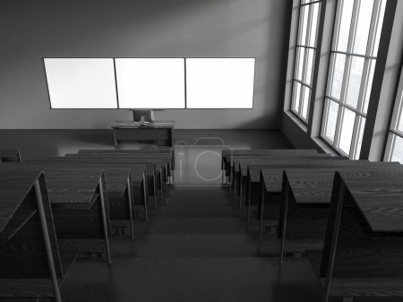 Téléchargez les photos : Vue du dessus de l'intérieur de la salle de classe sombre avec bureau d'enseignant avec ordinateur PC, banc en rangée, maquette de l'espace de copie tableau vide. Fenêtre panoramique sur les gratte-ciel. rendu 3D - en image libre de droit