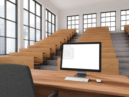 Photo for Minimalist auditorium interior with teacher desk, mock up empty pc computer display. Wooden bench in row and panoramic window on Singapore skyscrapers. 3D rendering - Royalty Free Image