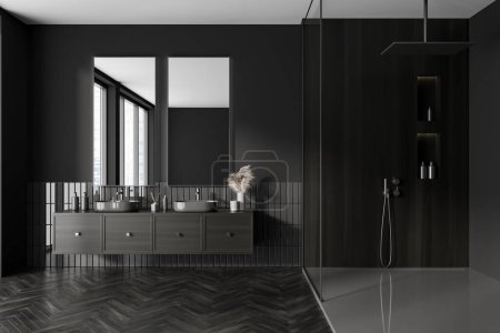 Photo for Black bathroom interior with double sink and shower with glass partition, washbasin and black wooden cabinet with bathing accessories and panoramic window. 3D rendering - Royalty Free Image