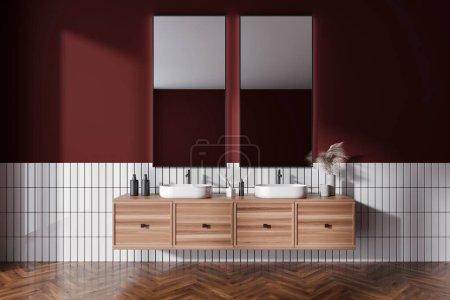 Photo for Red bathroom interior with double sink and two mirrors, washbasin and floating wooden cabinet with bathing accessories and hardwood floor. 3D rendering - Royalty Free Image