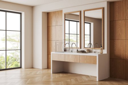 Téléchargez les photos : Intérieur salle de bain en bois avec double lavabo et commode avec miroirs, vue latérale plancher de bois franc. Fenêtre panoramique sur les tropiques. rendu 3D - en image libre de droit