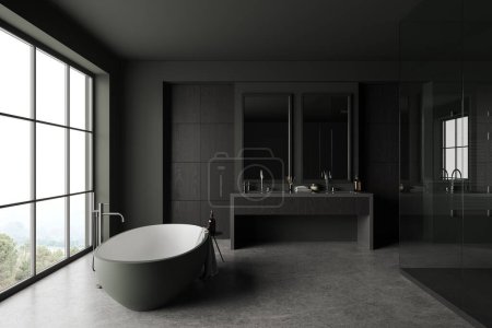 Photo for Interior of stylish bathroom with gray and dark wooden walls, concrete floor, double sink with mirrors and comfortable gray bathtub. 3d rendering - Royalty Free Image