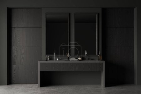 Téléchargez les photos : Intérieur salle de bain en bois foncé avec double lavabo et accessoires, deux miroirs et commode en bois noir sur sol en béton gris. Salle de bain moderne à domicile. rendu 3D - en image libre de droit