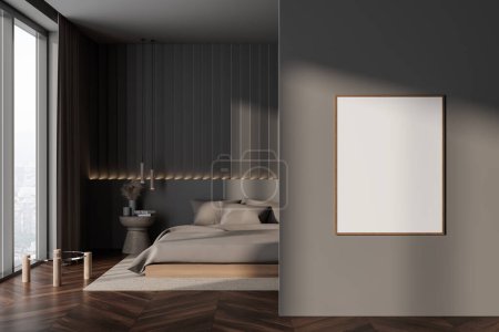 Foto de Hotel oscuro dormitorio cama interior y mesita de noche con cortinas, alfombra en el suelo de madera. Ventana panorámica de los rascacielos de París. Simular cartel de lona en la partición. Renderizado 3D - Imagen libre de derechos