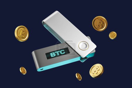 Photo for Cold hardware wallet with flying bitcoins on dark background, usb flash drive with display. Concept of cryptocurrency and digital money storage. 3D rendering illustration - Royalty Free Image