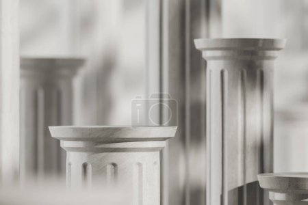 Téléchargez les photos : Plateforme vide de cylindre gris clair, conception de colonnes grecques avec ombre abstraite sur fond flou. Maquette pour l'affichage et la présentation des produits. rendu 3D - en image libre de droit