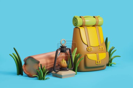 Photo for Brown and yellow tourist backpack with rolled mat and oil lamp standing near log over blue background. Concept of trekking and camping. 3d rendering - Royalty Free Image