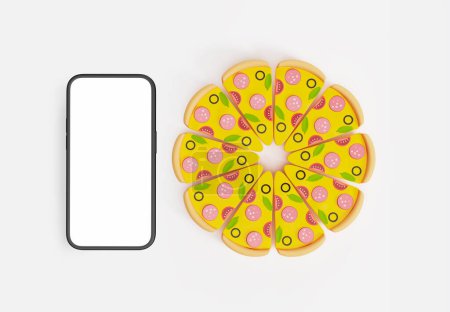 Foto de Mockup pantalla del teléfono vacía, rebanadas de pizza sobre fondo blanco. Sitio web y aplicación móvil de cafetería, restaurante. Concepto de entrega de alimentos, seguimiento de pedidos y comida. Ilustración de representación 3D - Imagen libre de derechos