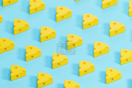 Photo for View of tasty yellow cheese slices over light blue background. Concept of food industry and nutrition. 3d rendering - Royalty Free Image