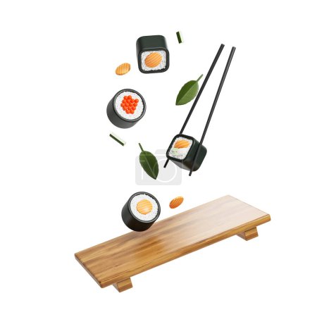 Foto de Vista de piezas de sushi volador, plato de madera y palillos sobre fondo blanco. Concepto de comida para llevar y entrega. renderizado 3d - Imagen libre de derechos