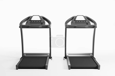 Photo for Two black modern treadmills in row, mock up display and empty white background. Concept of running, sports, club and gym. 3D rendering illustration - Royalty Free Image