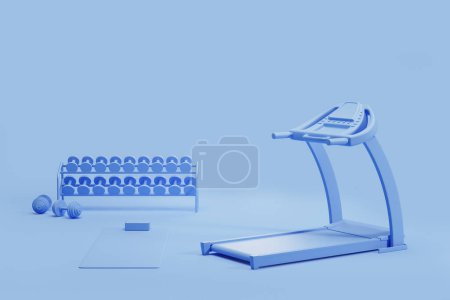 Photo for View of blue treadmill, yoga mat and dumbbells over blue background. Concept of sport and active lifestyle. 3d rendering - Royalty Free Image