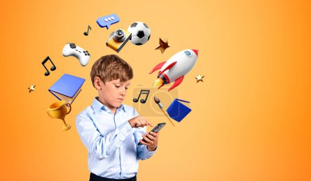 Foto de Teléfono táctil niño serio dedo en la mano, jugando videojuegos y e-learning, oportunidades futuras y pasatiempos de arte. Concepto de entretenimiento y educación en línea - Imagen libre de derechos