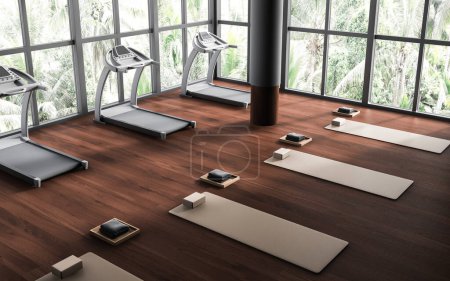 Photo for Top view of modern sport room interior with treadmill in row, yoga mat on hardwood floor. Gym studio corner and panoramic window on palm tropics. 3D rendering - Royalty Free Image