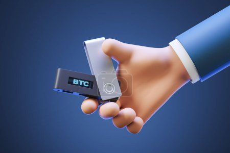 Photo for 3d rendering. Cartoon man hand with usb flash drive with display, holding cold hardware ledger on blue background. Concept of cryptocurrency and bitcoin storage illustration - Royalty Free Image