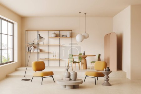 Photo for Beige living room interior with armchairs and coffee table, shelf with decoration and dining table with seats on podium, light concrete floor. Panoramic window on tropics. 3D rendering - Royalty Free Image