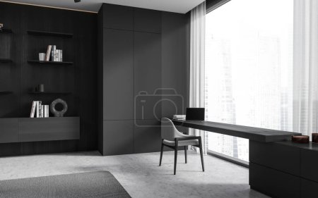 Foto de Sala de estar moderna gris con rincón de oficina en casa, aparador con vista lateral con decoración de arte y computadora portátil en el escritorio. Ventana panorámica de los rascacielos de Singapur. Renderizado 3D - Imagen libre de derechos