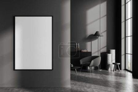 Photo for Interior of stylish living room with gray walls, concrete floor, cozy gray armchair standing near dresser and vertical mock up poster frame. 3d rendering - Royalty Free Image