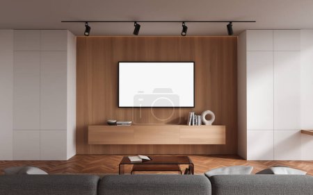 Foto de Casa de madera sala de estar interior con sofá y aparador con decoración de arte minimalista, lugar chill escandinavo en el suelo de madera. Finge pantalla vacía de TV en blanco. Renderizado 3D - Imagen libre de derechos