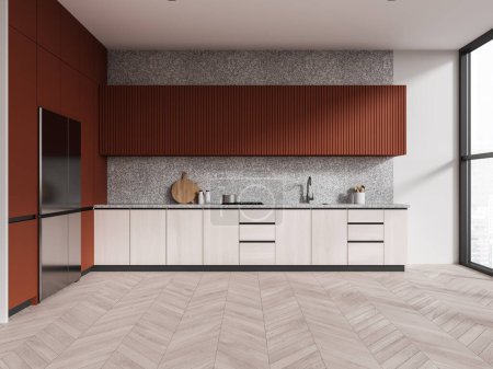 Photo for Interior of modern kitchen with light gray walls, wooden floor, orange cupboards, light wooden cabinets and big fridge with steel door. 3d rendering - Royalty Free Image
