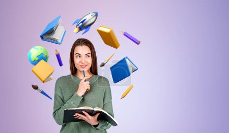 Photo for Smiling woman student with thoughtful look, different education icons with books and rocket flying, purple background. Concept of learning, plan and start up idea - Royalty Free Image