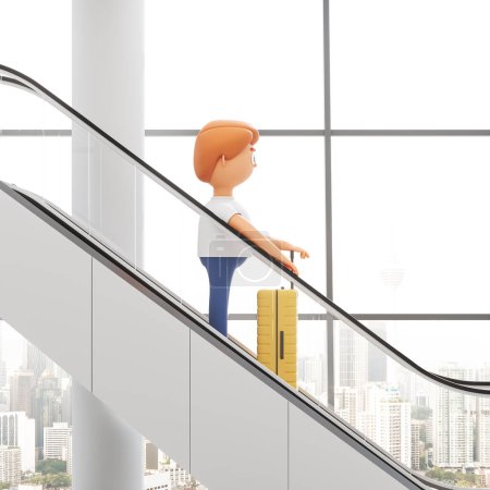 Photo for 3d rendering. Cartoon man with suitcase going down an escalator at the airport, panoramic window with Kuala Lumpur skyscrapers. Concept of check in, registration and tourism illustration - Royalty Free Image