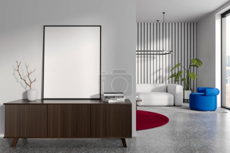 Photo for Interior of stylish living room with white walls, long white couch, comfortable blue armchair and round red carpet. Wooden dresser with mock up poster on it. 3d rendering - Royalty Free Image