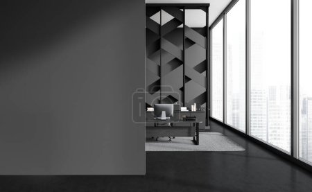 Photo for Interior of stylish CEO office with gray and patterned walls, black floor, dark wooden computer table and mock up wall on the left. 3d rendering - Royalty Free Image