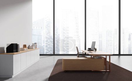 Photo for Interior of modern CEO office with white walls, concrete floor, wooden computer table, white cabinet and panoramic window. 3d rendering - Royalty Free Image
