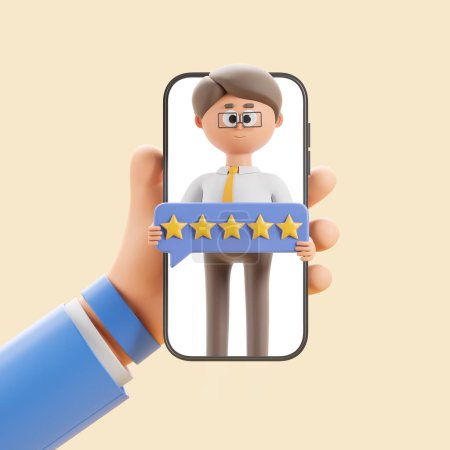 Photo for 3d rendering. Cartoon character hand holding phone mock up screen, smiling businessman with five stars rating bubble. Concept of customer review and client feedback illustration - Royalty Free Image