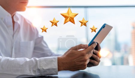 Photo for Unrecognizable businessman with tablet giving five star rank in blurry office. Concept of giving service feedback and rating - Royalty Free Image