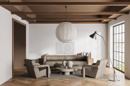Interieur eines modernen Wohnzimmers mit weißen Wänden, Holzboden, bequemer Couch, zwei Sesseln und rundem Couchtisch. 3D-Darstellung