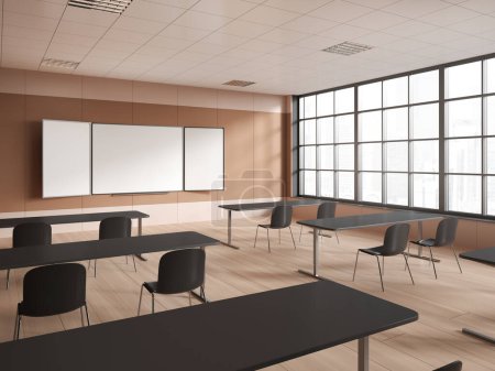 Foto de Esquina de la escuela elegante aula con paredes de color beige, suelo de madera, filas de mesas grises con sillas y burla de pizarra blanca. renderizado 3d - Imagen libre de derechos