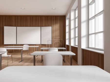 Photo for White and wooden classroom interior with desk and chair in row, mock up copy space empty chalkboard. Minimalist education room with panoramic window on city view. 3D rendering - Royalty Free Image