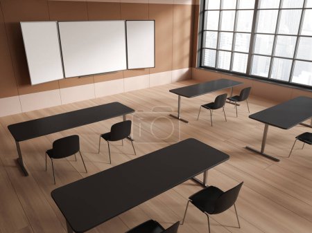 Photo for Top view of classroom interior with desk and chair in row, mock up copy space empty chalkboard. Minimalist wooden education room with panoramic window on Kuala Lumpur. 3D rendering - Royalty Free Image