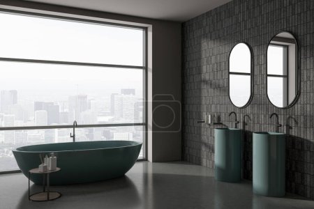 Photo for Dark hotel bathroom interior with bathtub and double sink, side view grey concrete floor. Minimalist bathing accessories and panoramic window on Paris skyscrapers. 3D rendering - Royalty Free Image