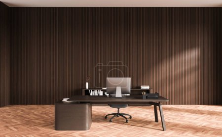 Photo for Minimalist ceo room interior with pc computer on work desk, hardwood floor. Modern design workplace with sideboard and decoration. Copy space empty wall. 3D rendering - Royalty Free Image