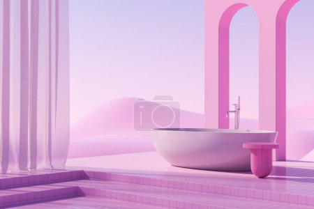 Photo for Abstract exterior with bathtub and table, side view, large arch on purple landscape background, tile floor podium and curtains. Concept of bathroom. 3D rendering - Royalty Free Image