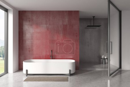 Frontansicht auf helle Badezimmereinrichtung mit Badewanne, Dusche, Panoramafenster mit Stadtblick, Hocker, Teppich, weiße und rote Fliesenwände, Betonboden. 3D-Darstellung