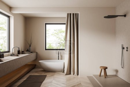 Beige bathroom interior with bathtub and shower, sink near panoramic window on tropics view. Curtains and stool on podium, hardwood floor. 3D rendering