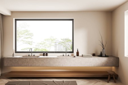 Téléchargez les photos : Intérieur de salle de bain beige avec double lavabo et fenêtre panoramique, tapis et tabouret sur parquet. Pont avec accessoires de bain de l'hôtel. rendu 3D - en image libre de droit