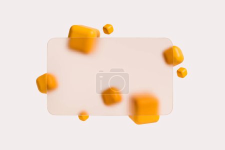 Téléchargez les photos : Carte de crédit en verre transparent avec conception de cubes jaunes flottants. Modèle d'espace vide de maquette. Concept de banque et d'argent. rendu 3D - en image libre de droit