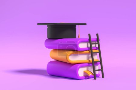 Téléchargez les photos : Pile de livres, casquette de graduation et échelle sur fond violet. Concept d'études et de formation universitaire. rendu 3D - en image libre de droit