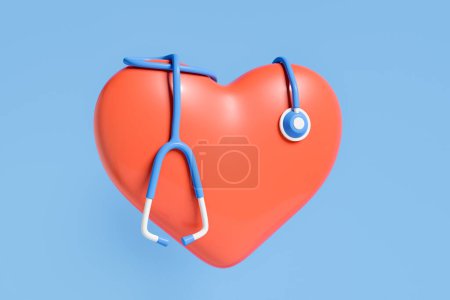 Foto de Gran corazón rojo y estetoscopio azul. Concepto de medicina y atención médica. Renderizado 3D - Imagen libre de derechos