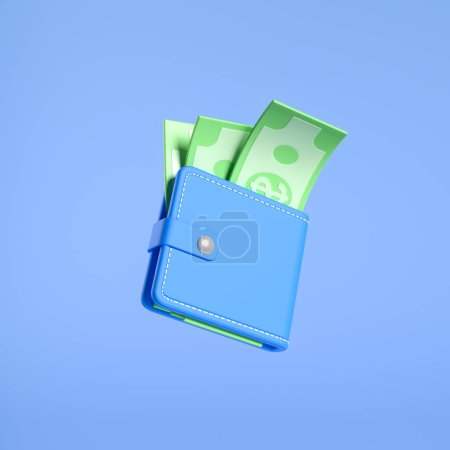 Blaues Portemonnaie und Stapel grüner Dollars. Konzept von Geld, Einkommen und Ersparnissen. 3D-Rendering