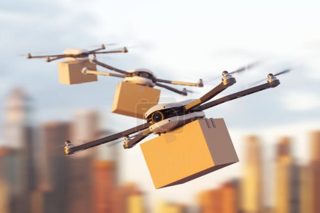 Photo for Row of copters flying with carton box on blurred city background. Concept of remote control and drone delivery service. Mockup copy space. 3D rendering - Royalty Free Image
