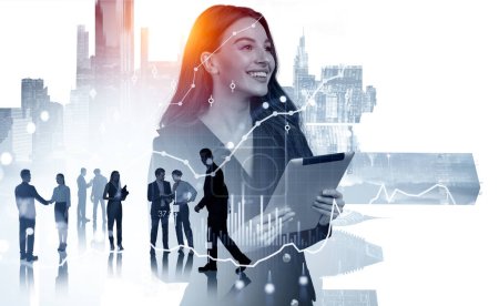 Photo for Businesswoman with tablet in hands, happy look. Diverse business people working together. Double exposure with forex diagrams, stock market chart and skyscrapers. Concept of teamwork - Royalty Free Image