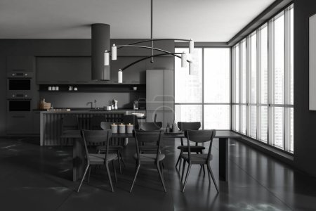Photo for Front view on dark kitchen room interior with island, barstools, dining table with chairs, cupboard, grey wall, concrete floor, shelves, panoramic window. Concept of minimalist design. 3d rendering - Royalty Free Image